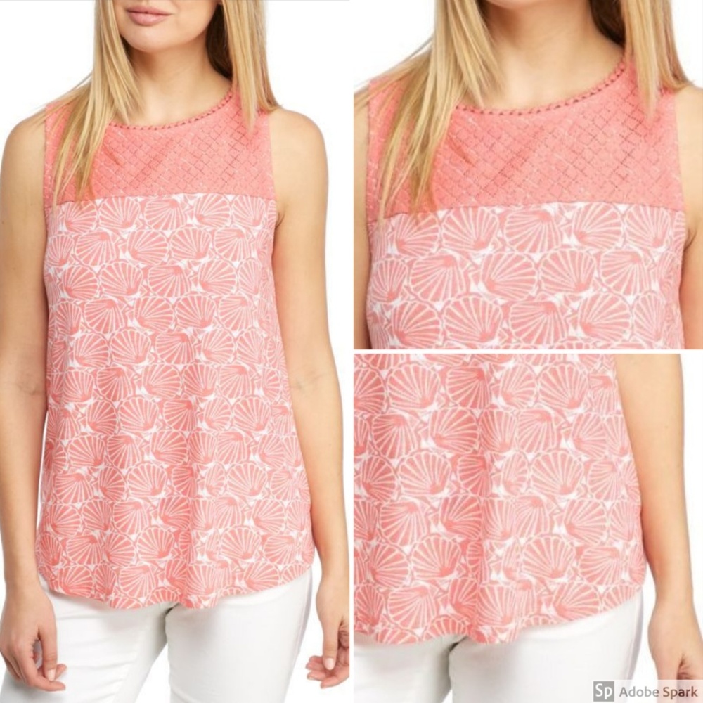 Crown & Ivy Coral White Crochet Yoke Sea Shell Print Top XS Sleeveless